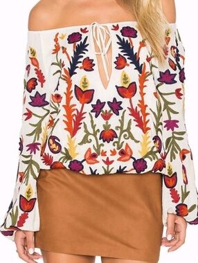 Alice Olivia Embroidered Peasant Top S Cream Floral